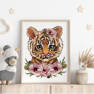 Pôster Animal Baby Tiger Rose   Arte Fofo de Tigre