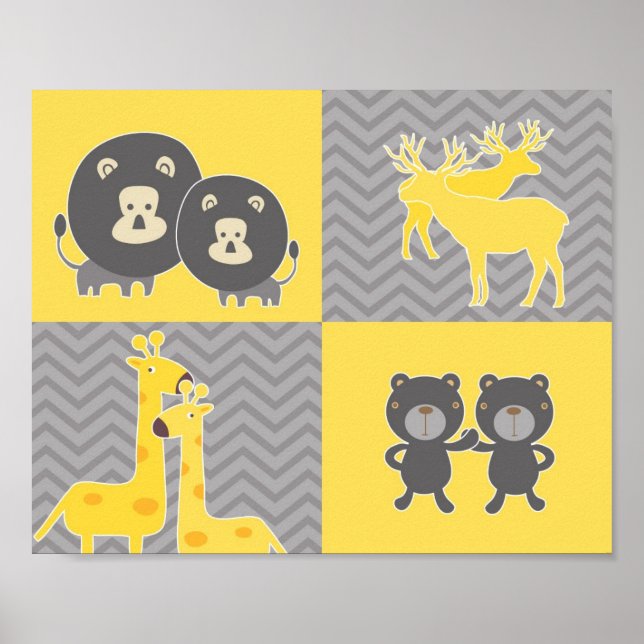 Pôster Animal collage on plain and zigzag chevron (Frente)