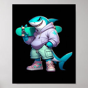 Poster Animal de skate engraçado Tubarão legal em skate