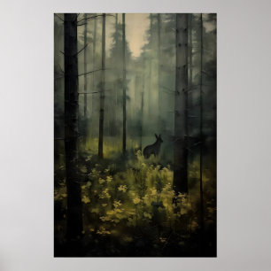 Poster Animal na Pintura Paisagística Vintage da Floresta