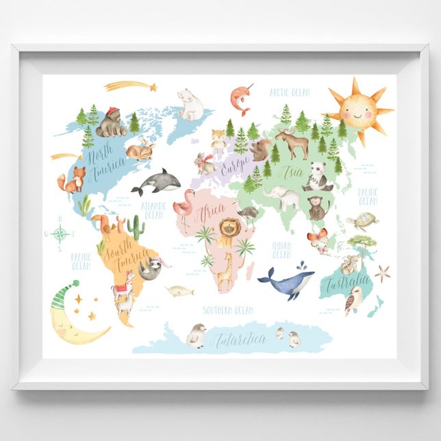Poster Animal World Map Kids Impressão, Animais do Mundo (Criador carregado)