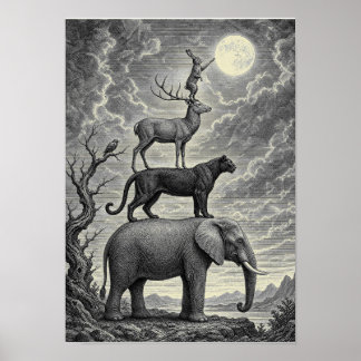 Poster Animales Alcanzando la luna