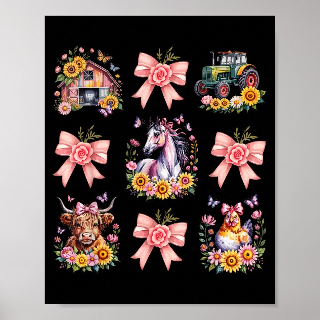 Poster Animals Cow Chicken Horse Tractor Flower Farm Wome (Frente)