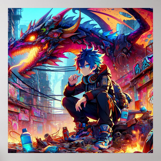 Poster Anime Boy e Dragão em um mundo distópico (Frente)