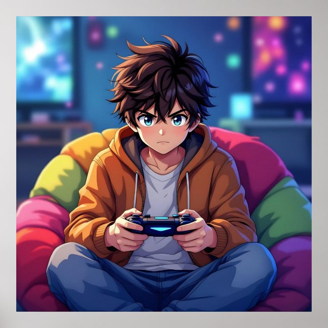 Poster Anime Boy jogando videogame (Frente)