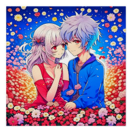 Pôster Anime Casal Ama Flores e Corações