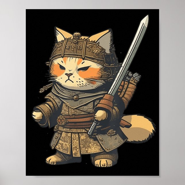 Poster Anime de Gato Samurai do Estilo Japonês Kawaii