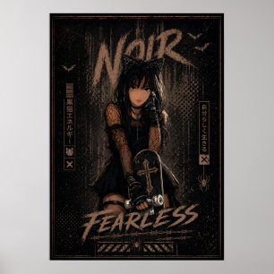 Poster Anime Garota Gato Gótico Skateboard Preto