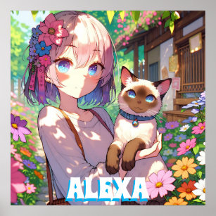Poster Anime Girl and Siamese Cat Personalizado