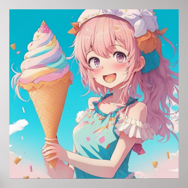 Poster Anime Girl com Whimsical Cupcake (Frente)