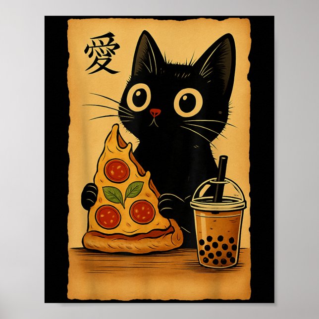 Poster Anime Kawaii Japonês Cat Zza A Tea Cat Comendo Zza (Frente)