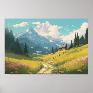 Poster Anime pintando caminho de enrolamento fazenda mont