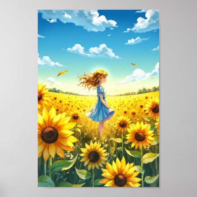Poster Anime Sunflower Field Summer Wall Art (Frente)