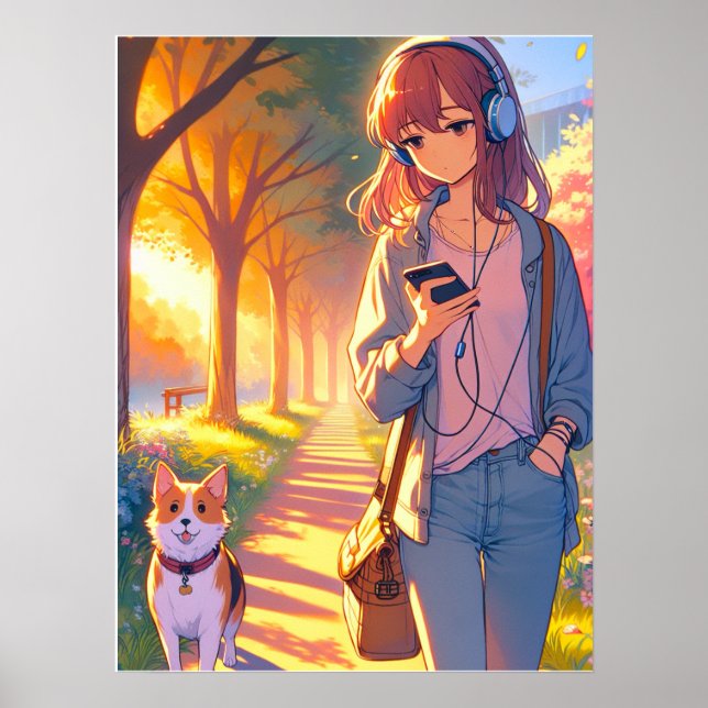 Poster Anime Teenager Ouvindo Música Andando Seu Cão (Frente)