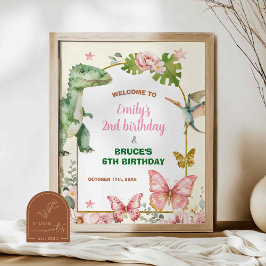 Poster Aniversário Conjunto de Borboleta e Dinossauros