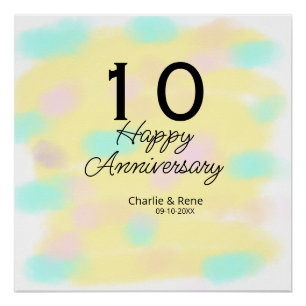 Pôster aniversário de 10 anos de casamento amarelo pastel