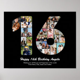 Poster Aniversário de 16 Anos Número 16 Colagem de Fotos 