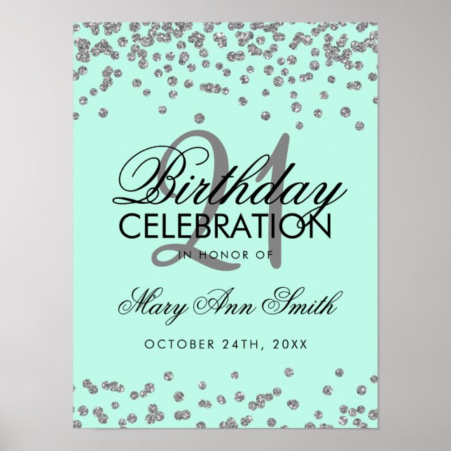 Poster Aniversário de 21 anos de prata - Faux Glitter Con (Frente)