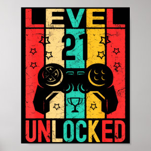 Poster Aniversário de 21 anos Nível 21 Desbloqueado Gamer