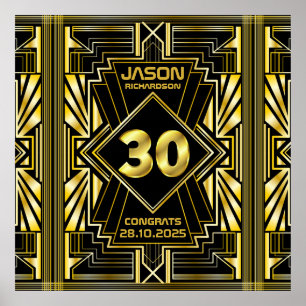 Poster aniversário de 30 anos Art Deco Dourado Excelente 