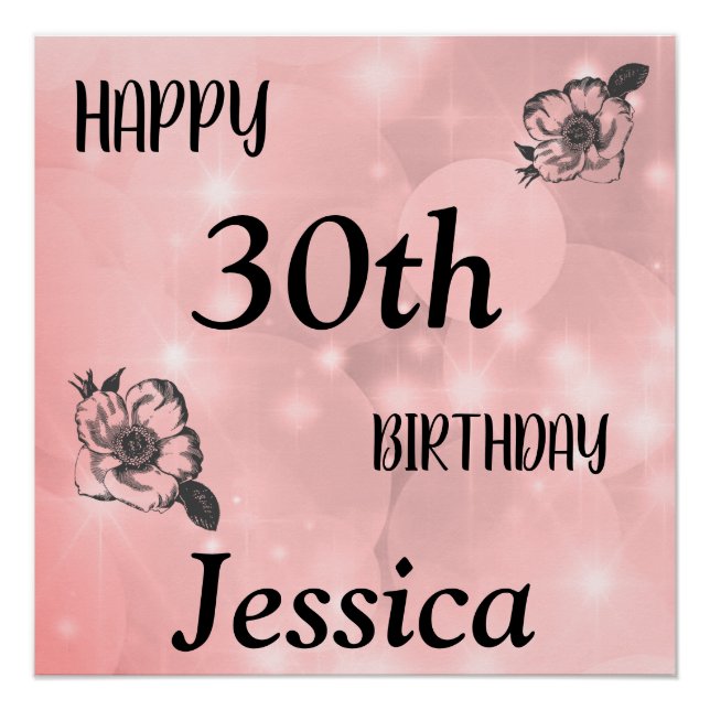 Pôster aniversário de 30 anos Feliz Rosa bonito (Frente)