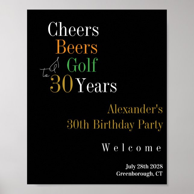 Poster aniversário de 30 anos Golf Cheers Black Dourado W (Frente)