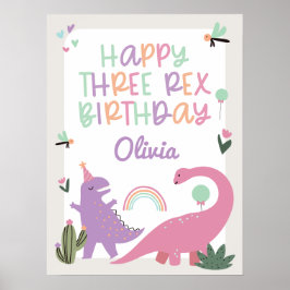 Poster Aniversário de 3 anos de Festa de Dinossauro Rosa 