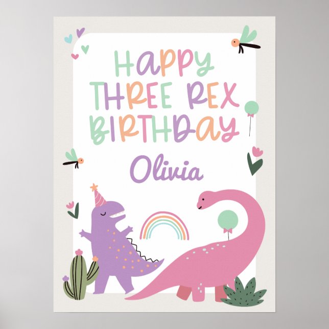 Poster Aniversário de 3 anos de Festa de Dinossauro Rosa  (Frente)