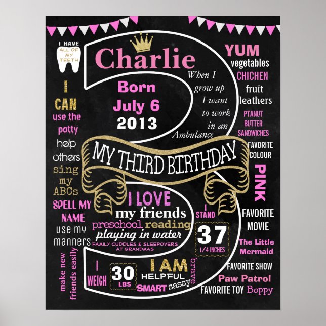 Pôster aniversário de 3 anos real princesa Sinal de quadr (Frente)