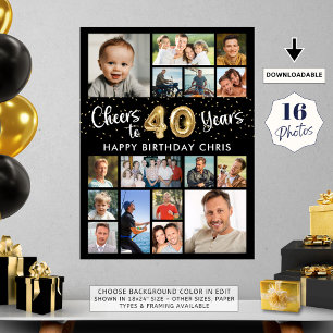 Poster aniversário de 40 anos Black Dourado 16 Foto anima