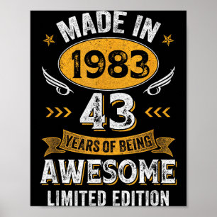 Poster Aniversário de 43 anos Vintage 1983 43 anos de ida