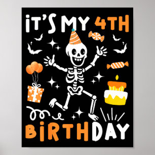 Poster aniversário de 4 anos crianças esqueleto engraçado