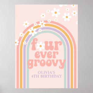 Poster Aniversário de 4 anos Pastel Arco-íris Retro Groov