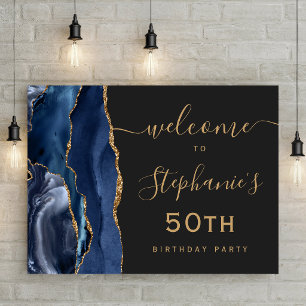 Poster Aniversário de 50 anos Azul Marinho Dourado Ágata 