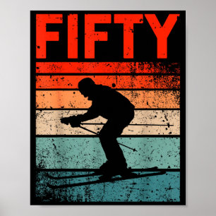 Poster aniversário de 50 anos retro esqui esquiando homen
