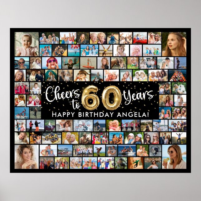 Poster Aniversário de 60 anos 92 Fotos Preto Dourado Um B (Frente)