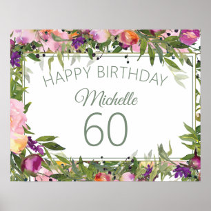 Poster Aniversário de 60 anos com flores rosa roxo