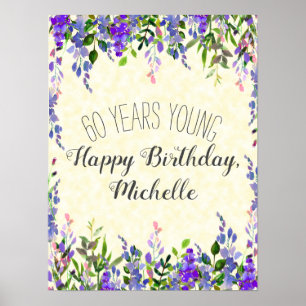 Poster Aniversário de 60 anos em Floral Aquarela Roxo em