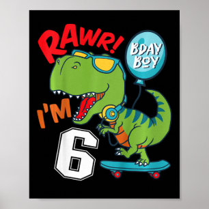 Poster Aniversário de 6 anos do menino T-rex Skateboardi