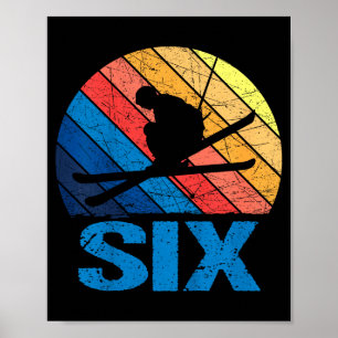 Poster aniversário de 6 anos retro esqui esquiando menino