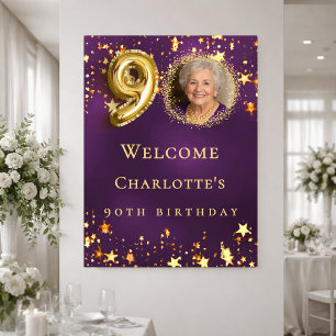 Poster Aniversário de 90 anos estrelas douradas roxas fot