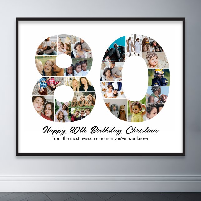 Poster Aniversário de Colagem de Fotos do Número 80 de An (80th birthday number 80 photo collage poster wall art)