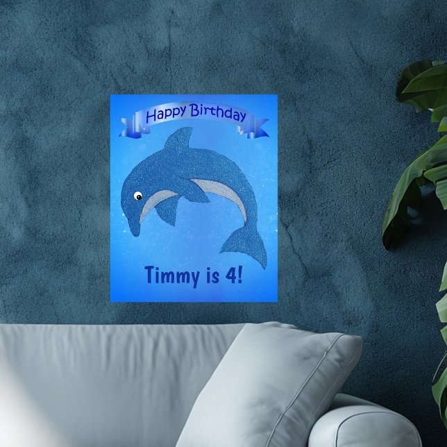 Poster Aniversário de criança da Faixa de Golfinhos Azul- (Fun jumping sparkle like blue dolphin on kids Happy Birthday poster decoration.)
