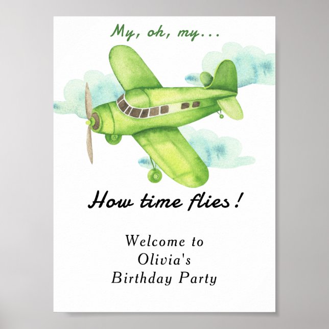Poster Aniversário de criança de avião a aquarela (Frente)