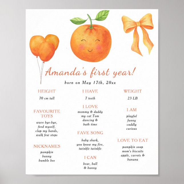 Poster Aniversário de um ano da laranja e arco Primeiro m (Frente)