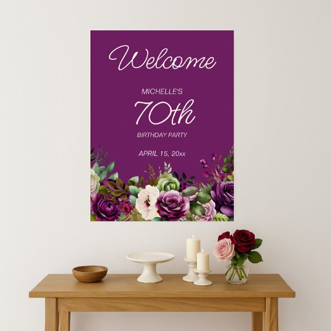 Poster Aniversário do 70 Floral Rosa-Rosa Elegante (Elegant purple and pink watercolor floral 70th birthday party Welcome poster)