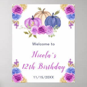 Poster Aniversário do Abóbora Floral Azul-Roxo e Marinho