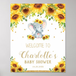 Poster Aniversário do Chá de fraldas de Elefante Sunflowe