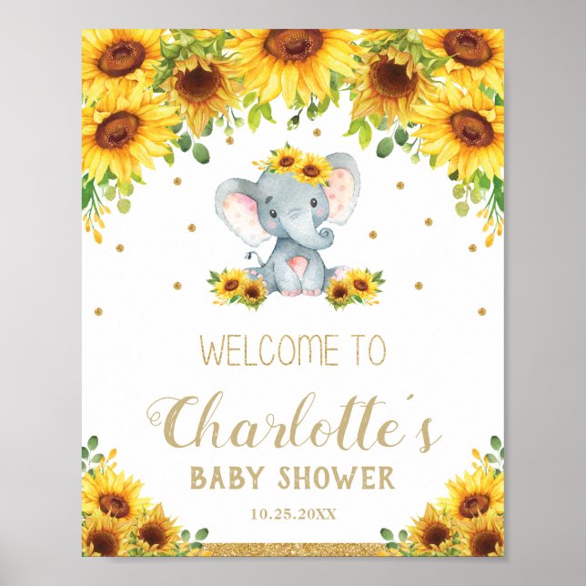 Poster Aniversário do Chá de fraldas de Elefante Sunflowe (Frente)