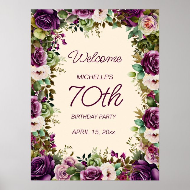 Poster Aniversário do Elegante Purple Watercolor Floral 7 (Frente)